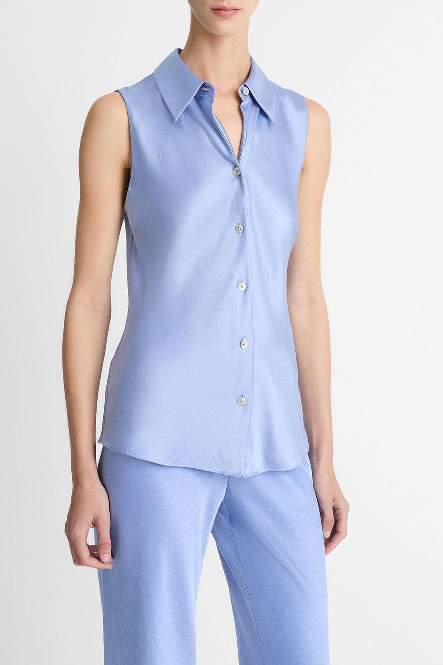 Vince Womens Sleeveless Bias Silk Shirt in Pacopal Blue L